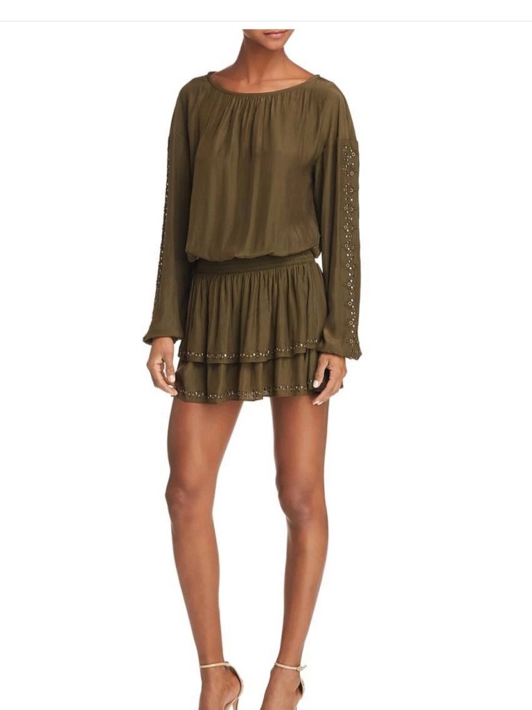 Ramy Brook Sheryl Embellished Mini Dress Urban Green Studded Long Sleeve Xxs Nwt